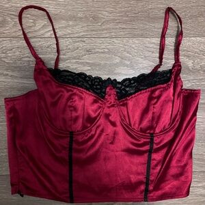 Red Satin Bustier Top with Black Lace